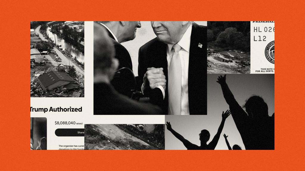 Collage of aerial view of Hurricane Helene damage in North Carolina, Trump and Franklin Graham, people praying with their arms raised, Trump's GoFundMe page, and a dollar bill