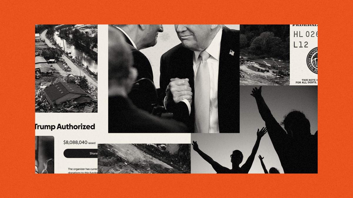 Collage of aerial view of Hurricane Helene damage in North Carolina, Trump and Franklin Graham, people praying with their arms raised, Trump's GoFundMe page, and a dollar bill