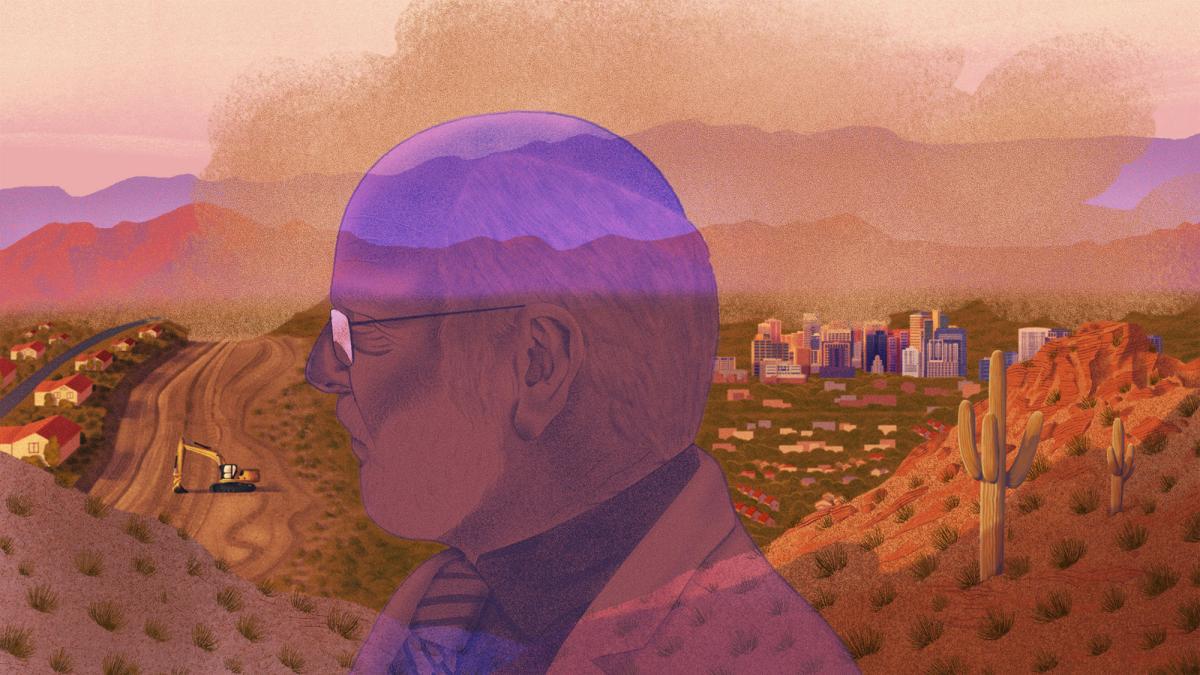 An illustration of the Phoenix landscape with dust and a translucent doctor in the foreground