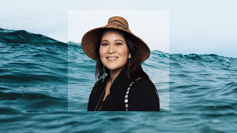 digital collage of portrait of Indigenous woman on photo of ocean