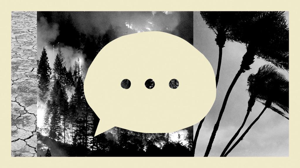 Collage of drought, wildfire, and hurricane photos, with speech bubble cut out from center