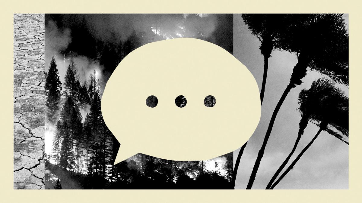 Collage of drought, wildfire, and hurricane photos, with speech bubble cut out from center
