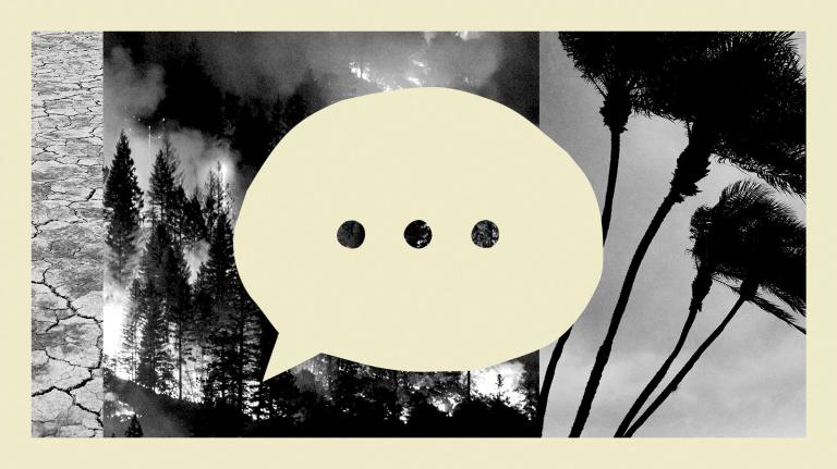 Collage of drought, wildfire, and hurricane photos, with speech bubble cut out from center