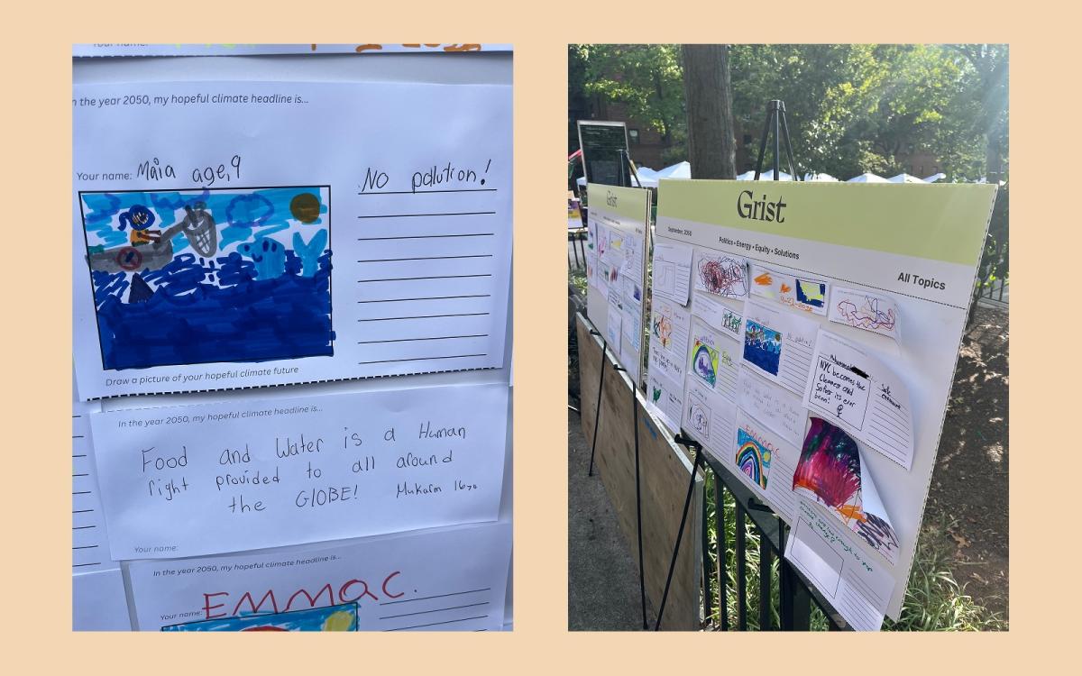 Two side-by-side photos show headlines and drawings by children at an outdoor street fair