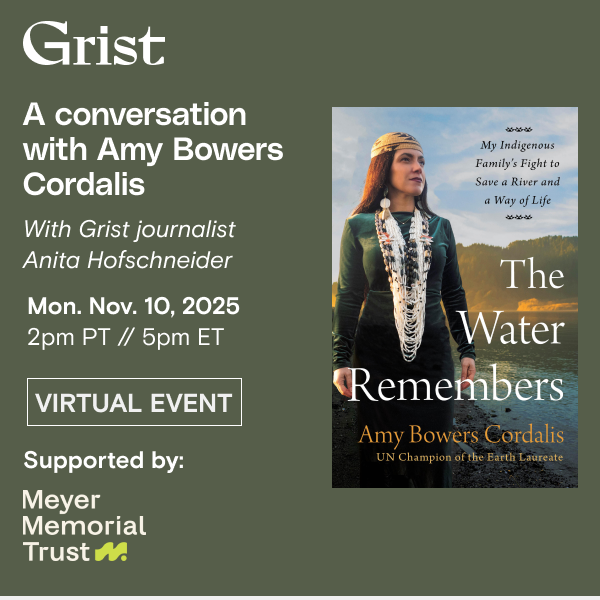 An event graphic for Grist's virtual conversation with Amy Bowers Cordalis
