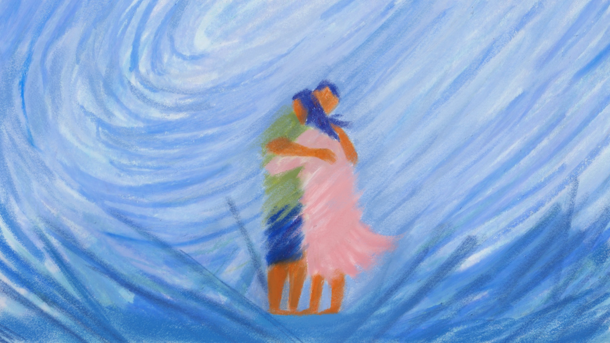 Illustration of a couple hugging amidst wind and rain