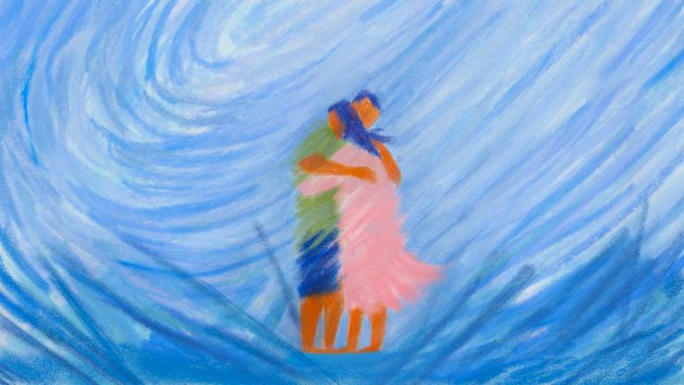 Illustration of a couple hugging amidst wind and rain