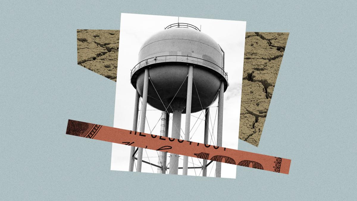 Collage of drought, water tower, and dollar bill