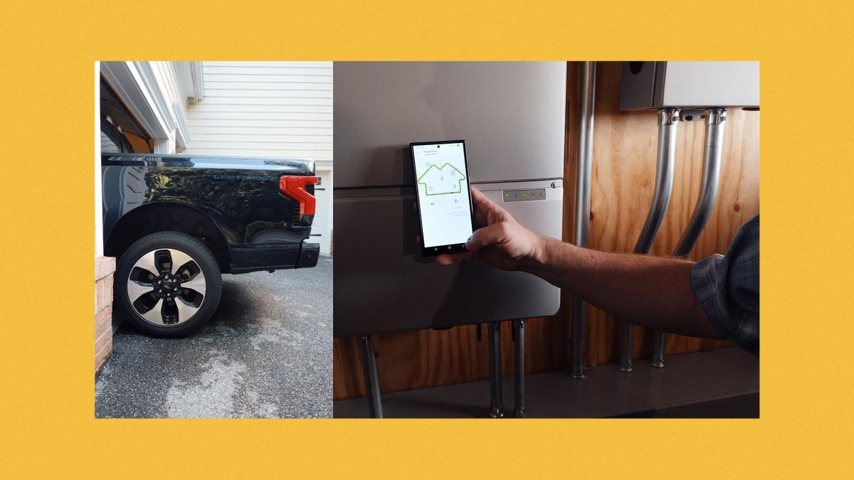 collage of a photo of a truck bed sticking out of a garage and photo of a hand holding a phone showing an energy app