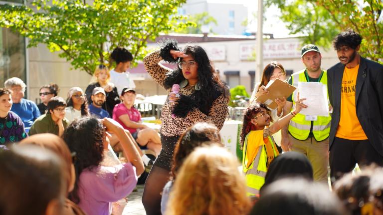 Urban planner and public artist Sabina Sethi Unni stars as an humanized flood sensor – a tool that detects high water levels and delivers that data to a publicly-accessible map - in her community play Flood Sensor Aunty.
