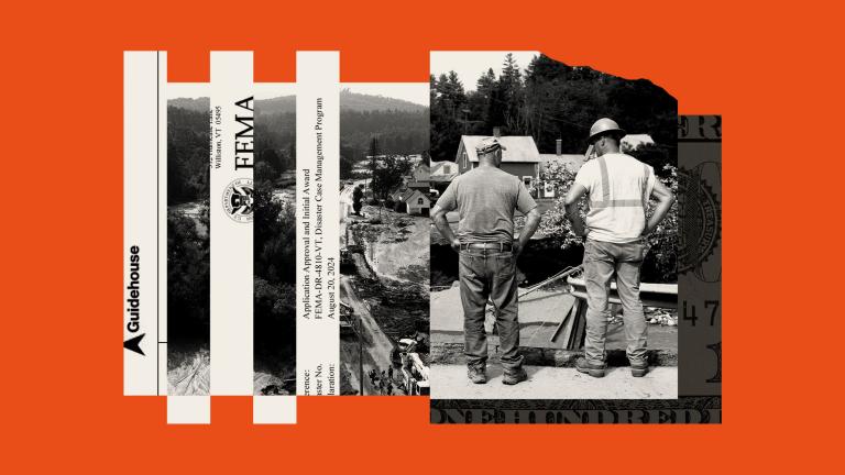 Collage of Guidehouse and FEMA documents, photos of flooding in Vermont and frontline workers, and a hundred dollar bill