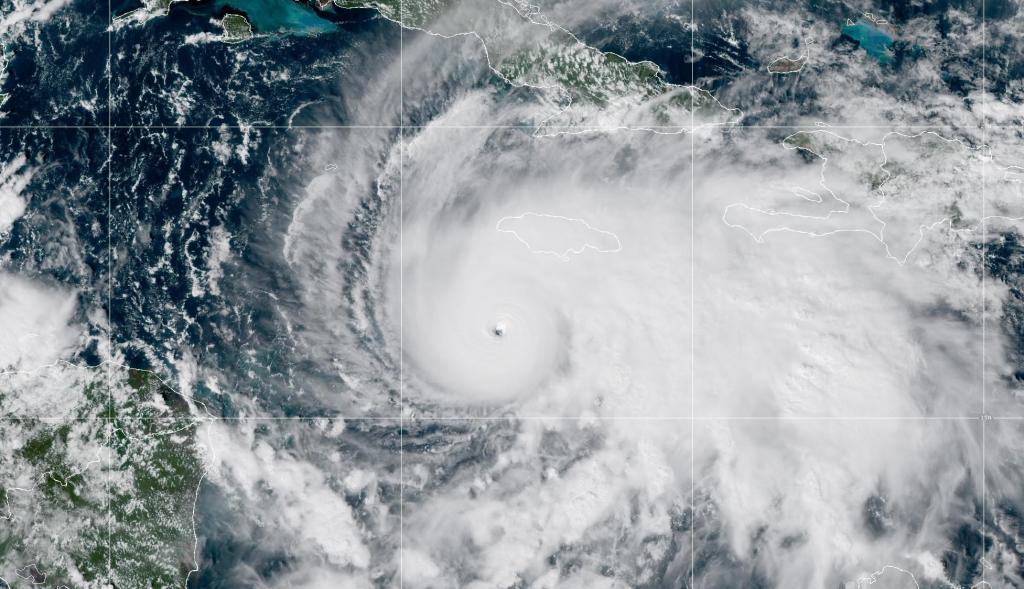 A satellite image of Hurricane Melissa on October 27, 2025