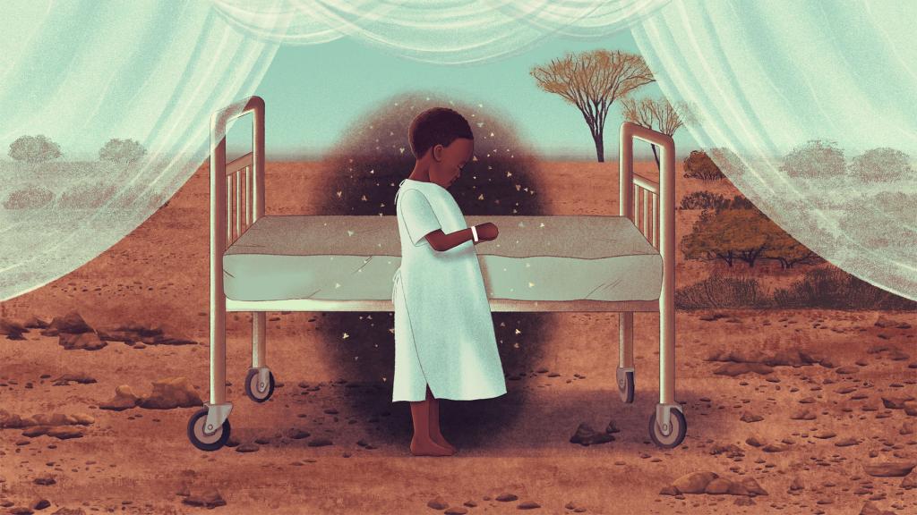 Illustration of a Kenyan girl standing in front of a hospital bed outside with sandflies surrounding her