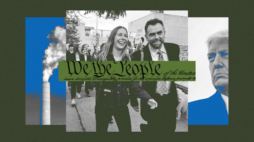 Collage of smokestack, youth plaintiffs and attorney, Trump, and Constitution