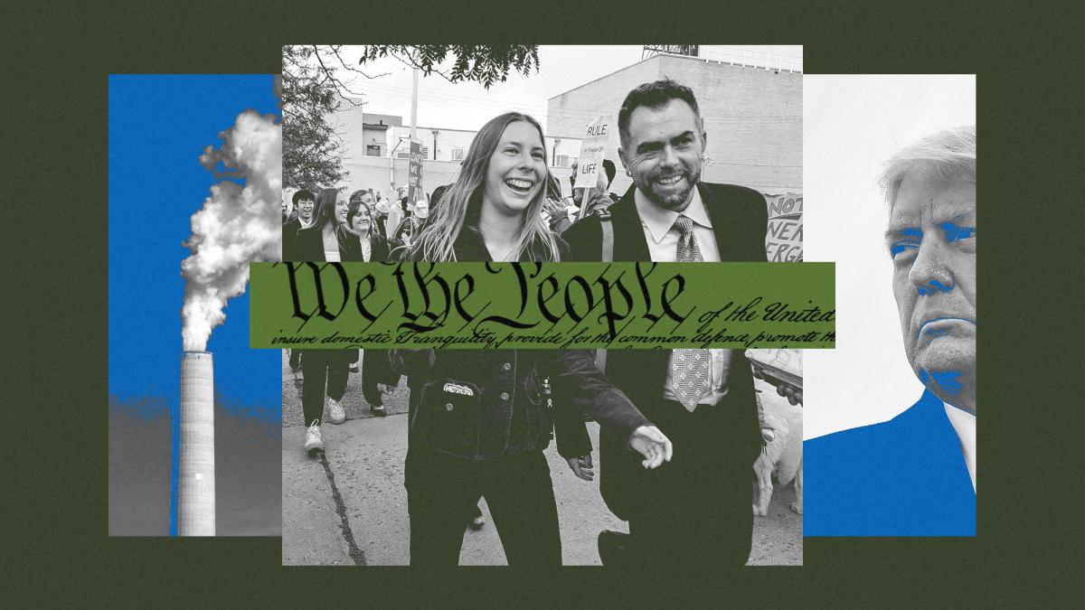 Collage of smokestack, youth plaintiffs and attorney, Trump, and Constitution