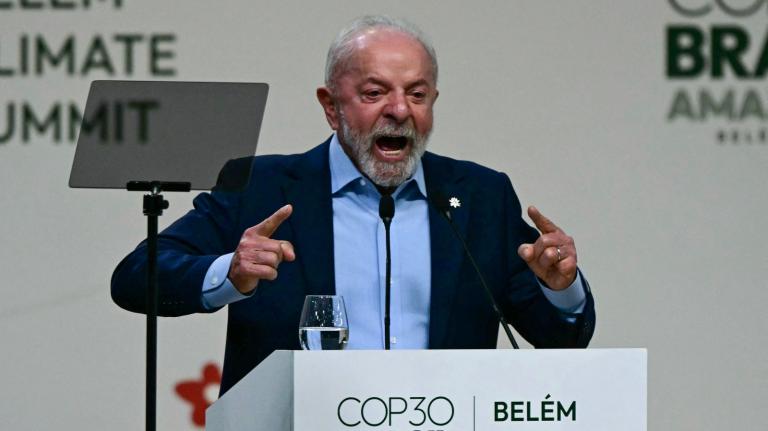 Brazil's President Luiz Inacio Lula da Silva delivers a speech during the General Plenary of Leaders in the framework of the COP30 UN Climate Change Conference in Belem, Para State, Brazil, on November 6, 2025.