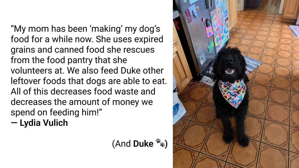 A photo of a smiley black dog wearing a bandana next to a quote from a reader about making his food out of leftovers