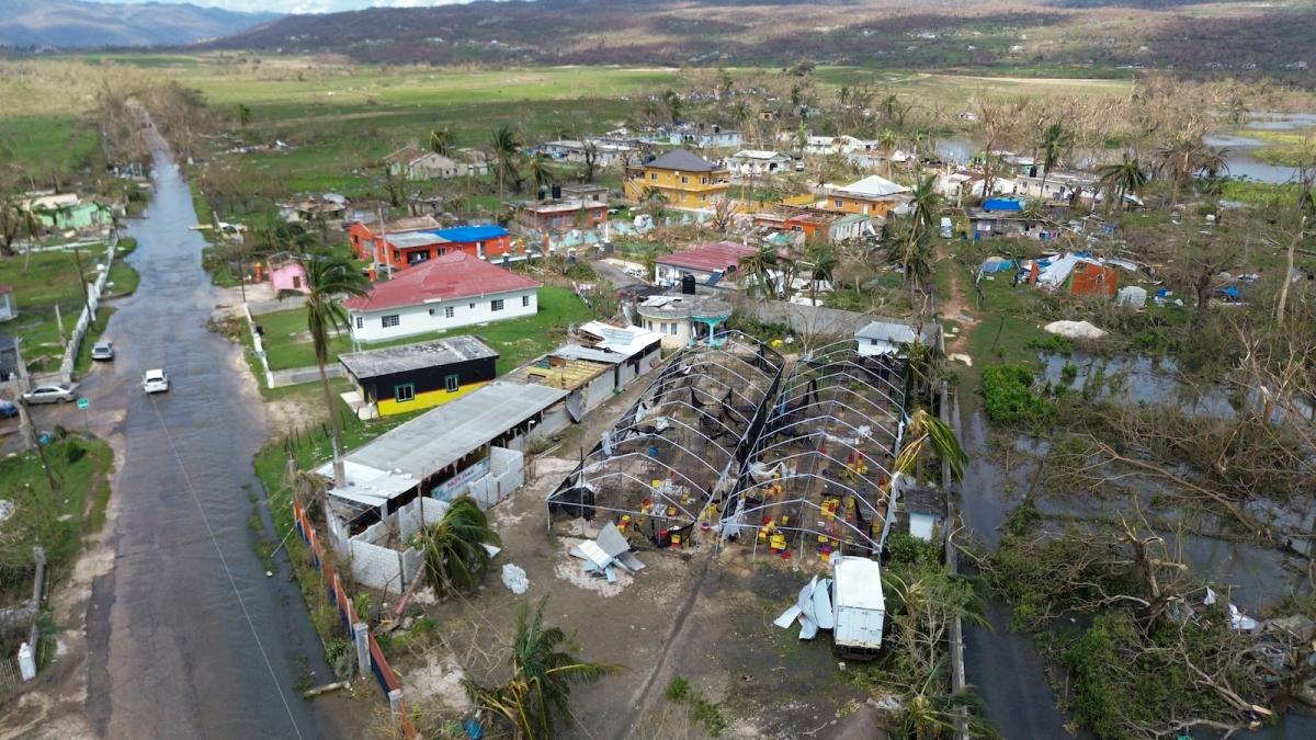 A rural neighborhood with flood and destroyed homes and greenhouses in St. Elizabeth parish, Jamaica after Hurricane Melissa