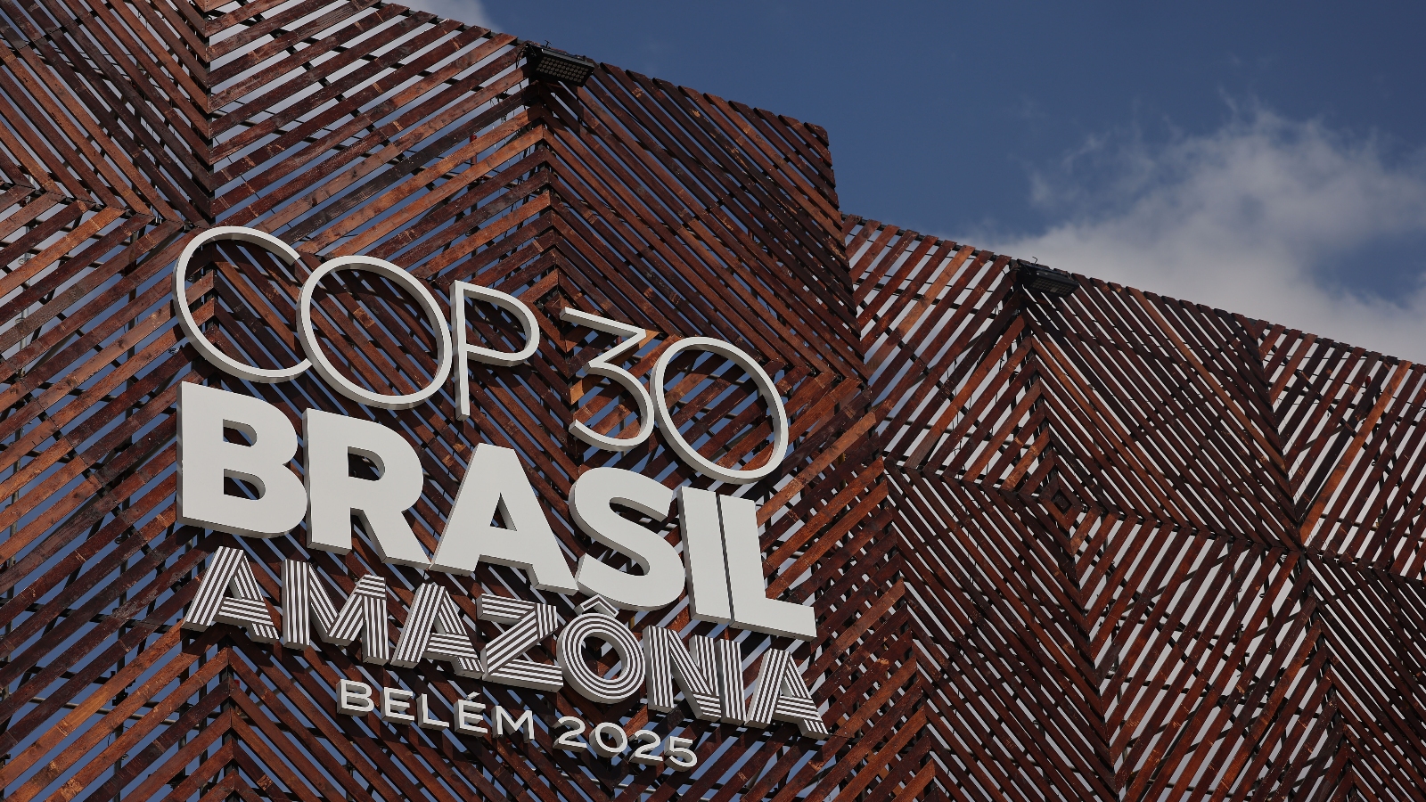The COP30 logo at the central building is seen ahead of the COP30 Brazil Amazonia 2025 on November 3, 2025 in Belem, Brazil.