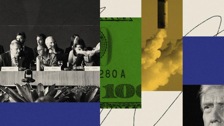 Collage of COP30 preparatory meeting, dollar bill, smokestack, and Trump