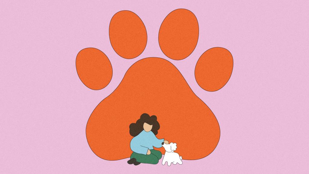 Illustration of person petting their dog with a large paw print looming behind them