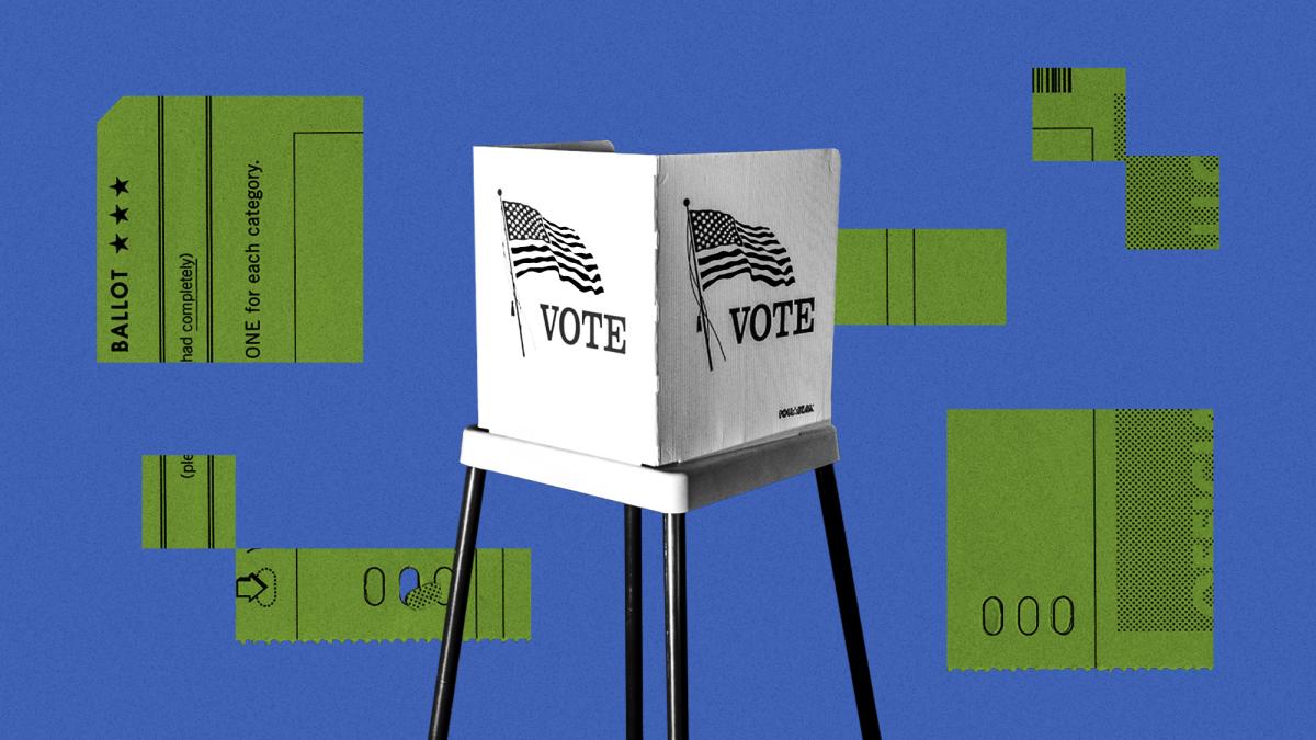 Collage of voting booth and green ballot snippets on a blue background