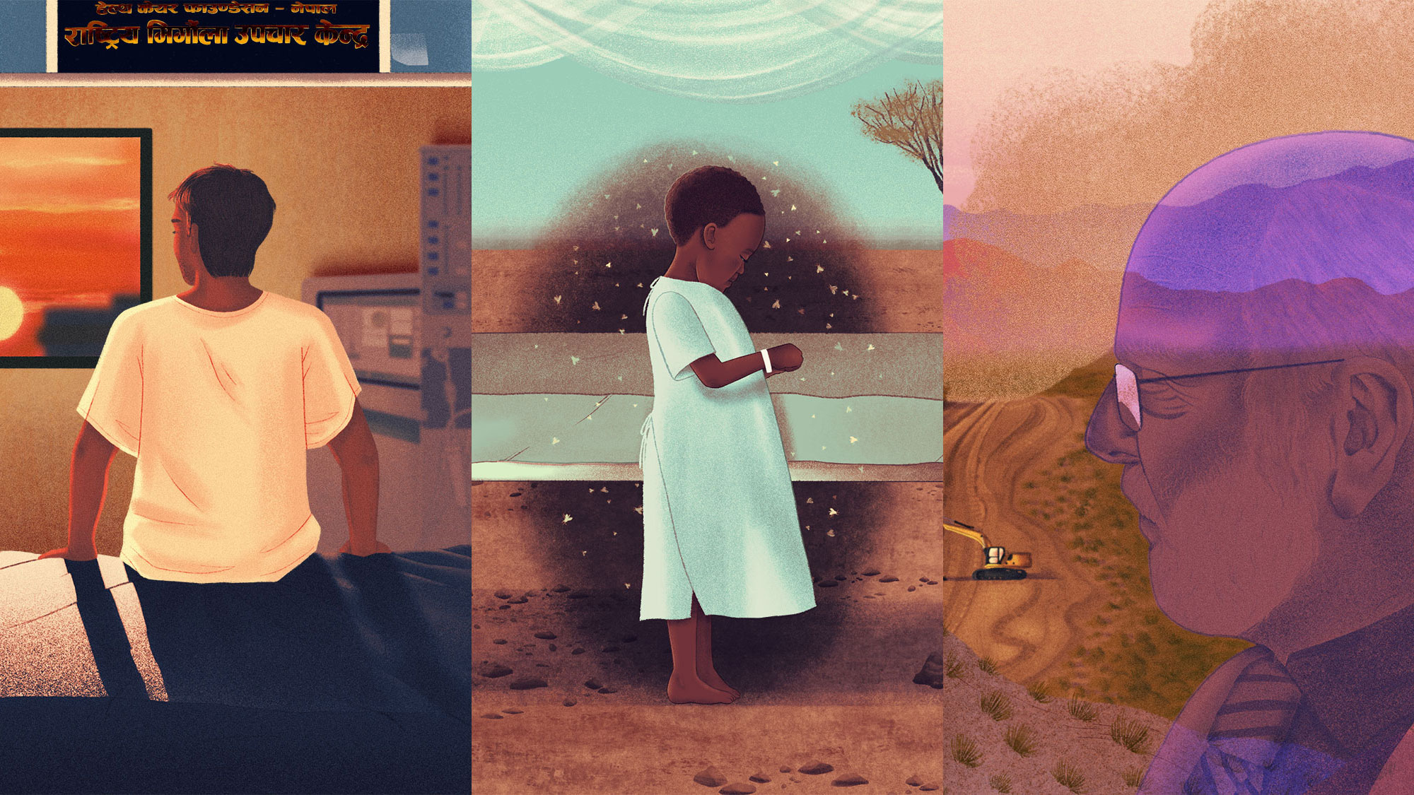 a 3-panel illustration showing scenes of illness and environment from various continents