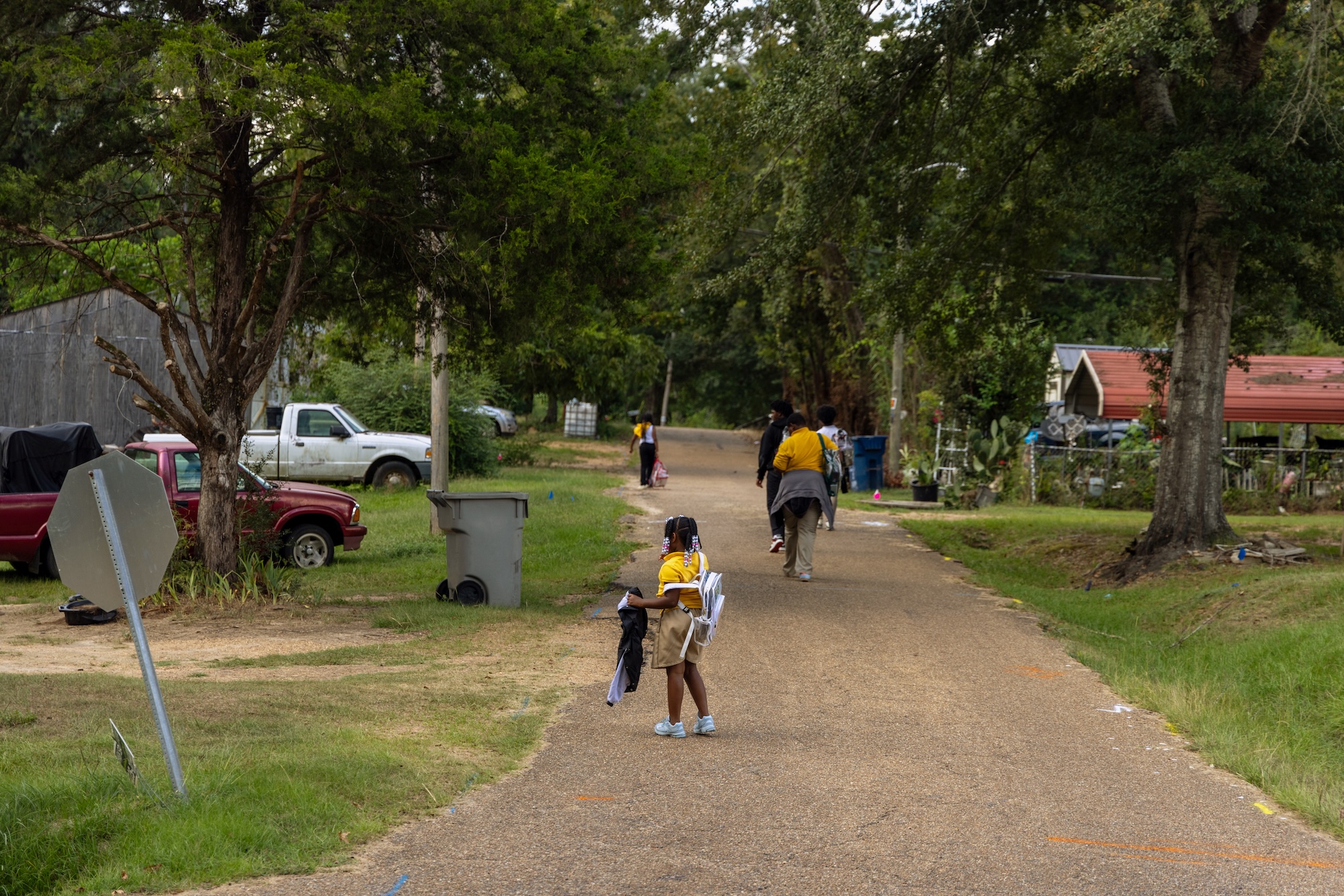 kids walk in a street in a suburban area