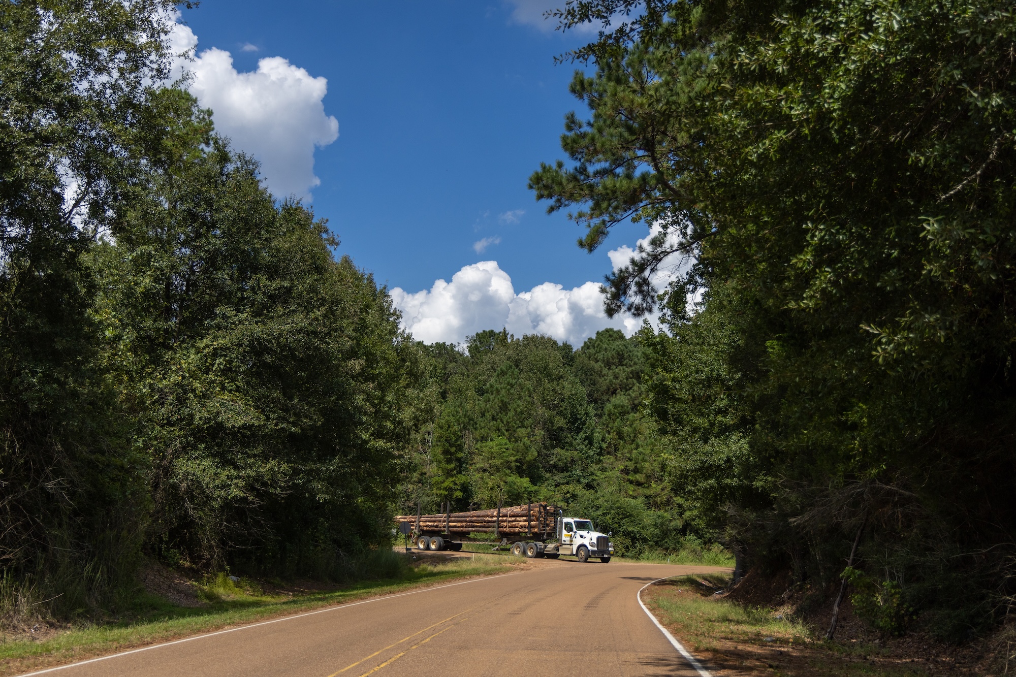 a truck turns the corner of a road through a wooded area