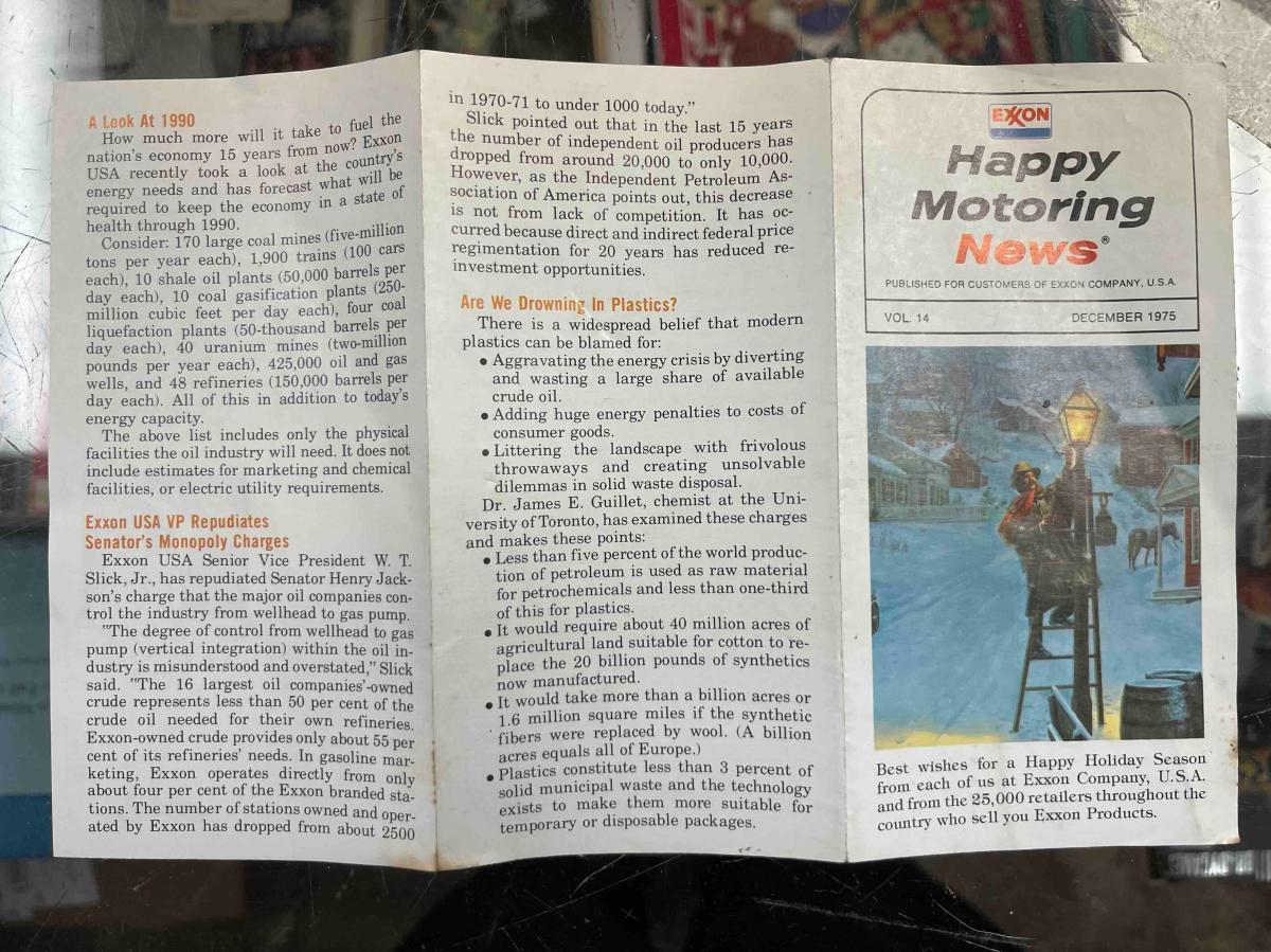 A photo shows a three-fold printed newsletter from Exxon dated to December 1975