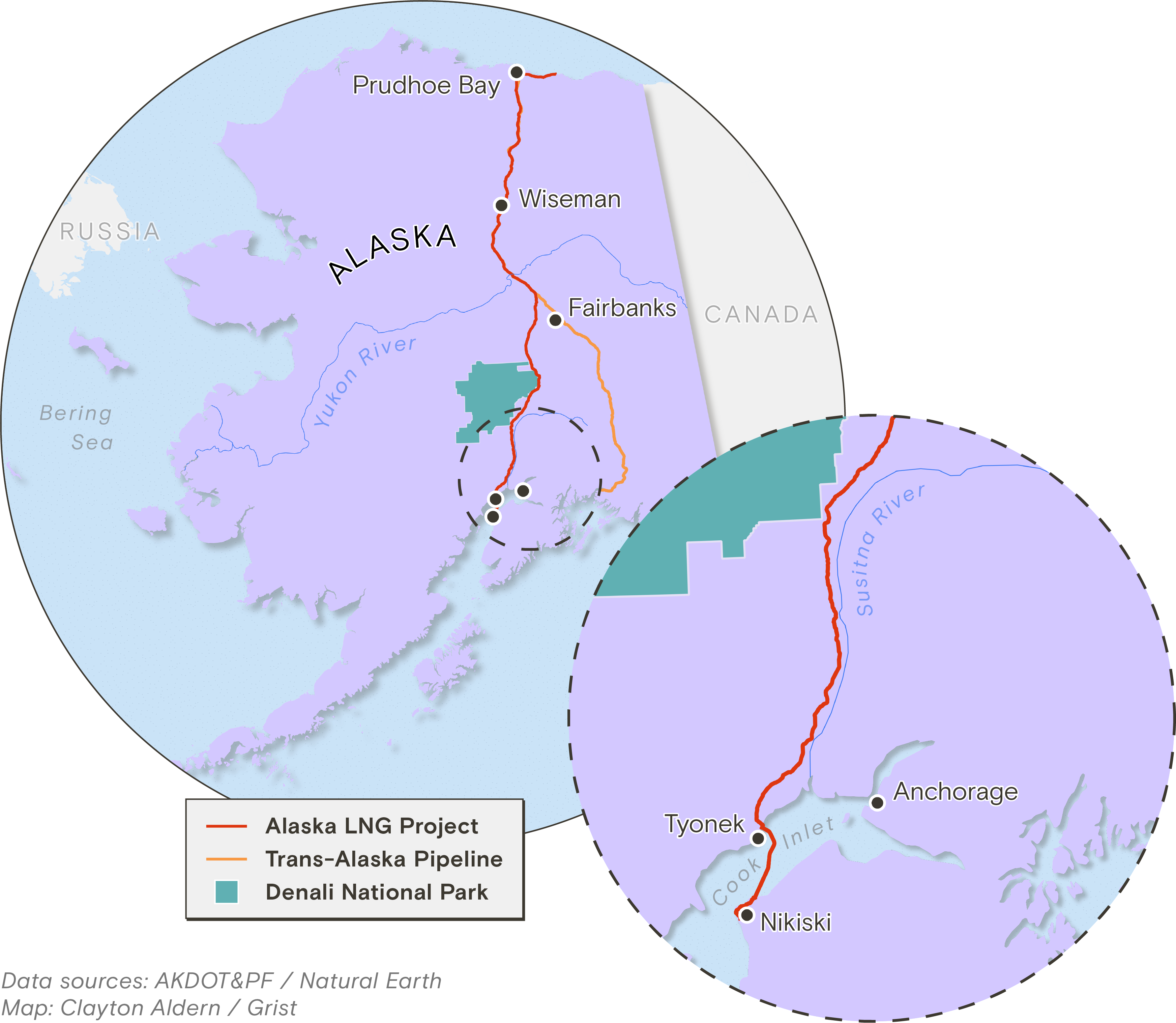 a map showing hte location of a proposed gas pipeline from the North Slope of Alaska to the south