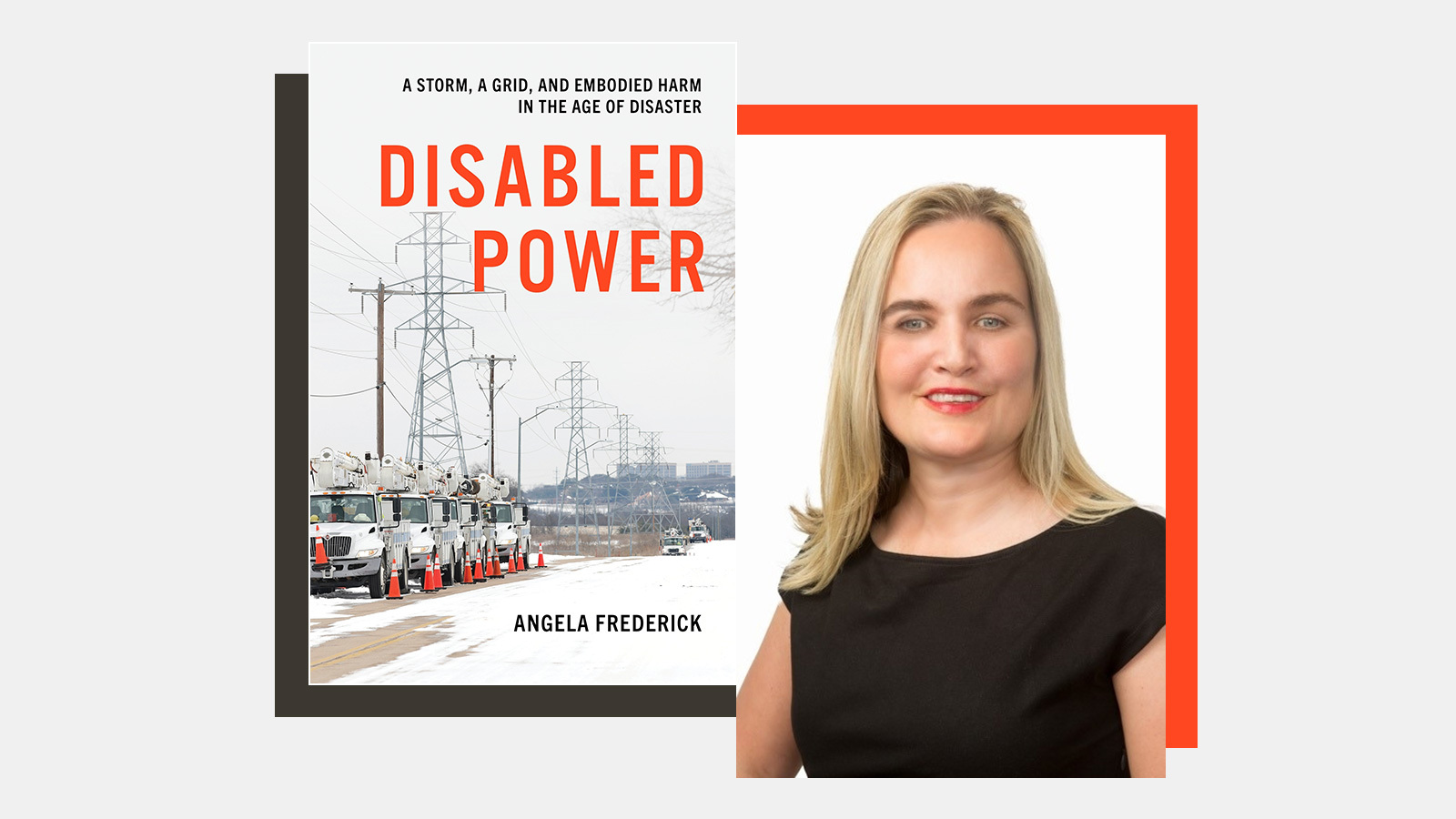 A blonde woman is shown next to the cover of her book Disabled Power