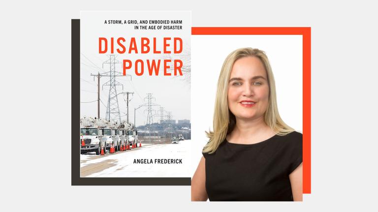 A blonde woman is shown next to the cover of her book Disabled Power