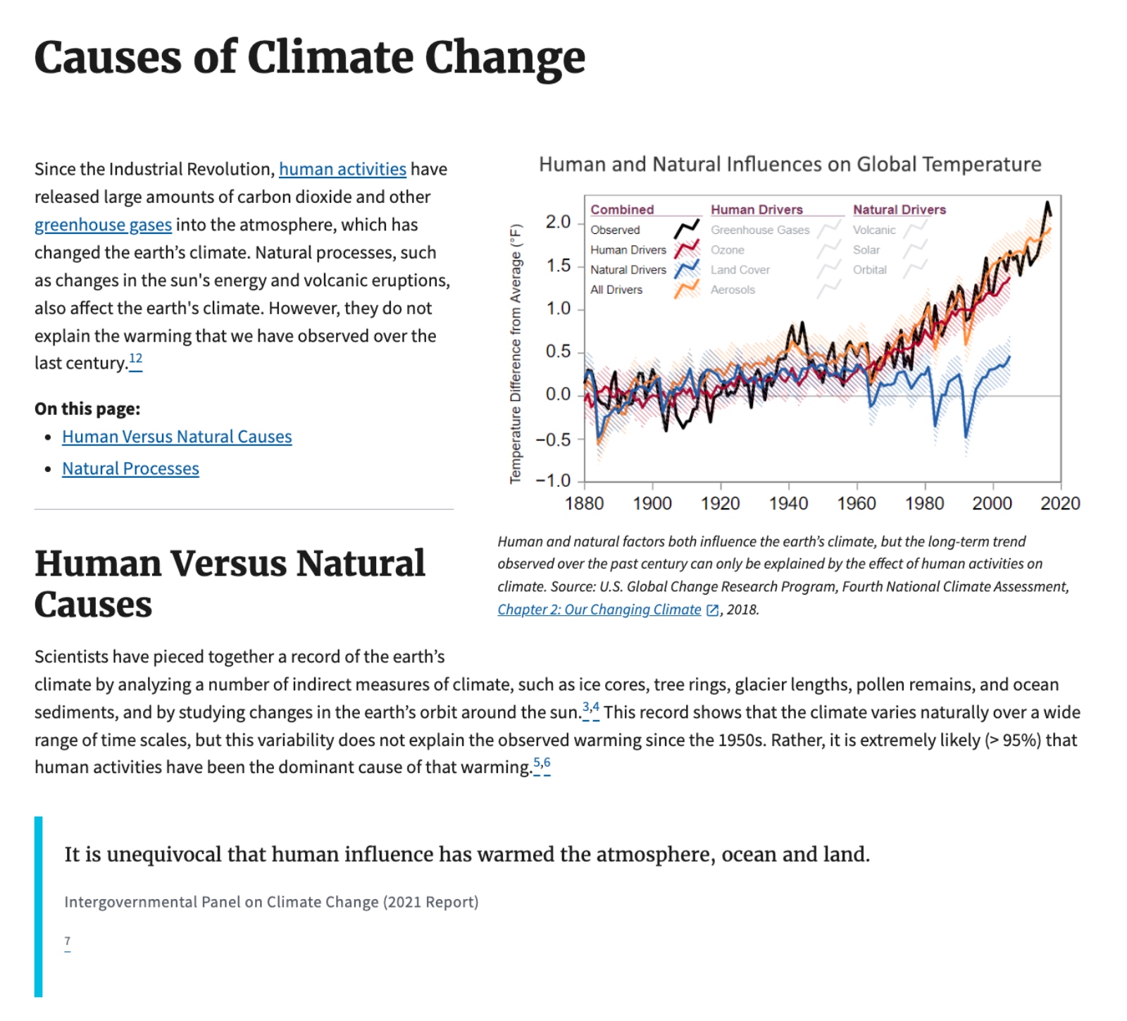 Screenshot of an EPA webpage on climate change as seen in October.