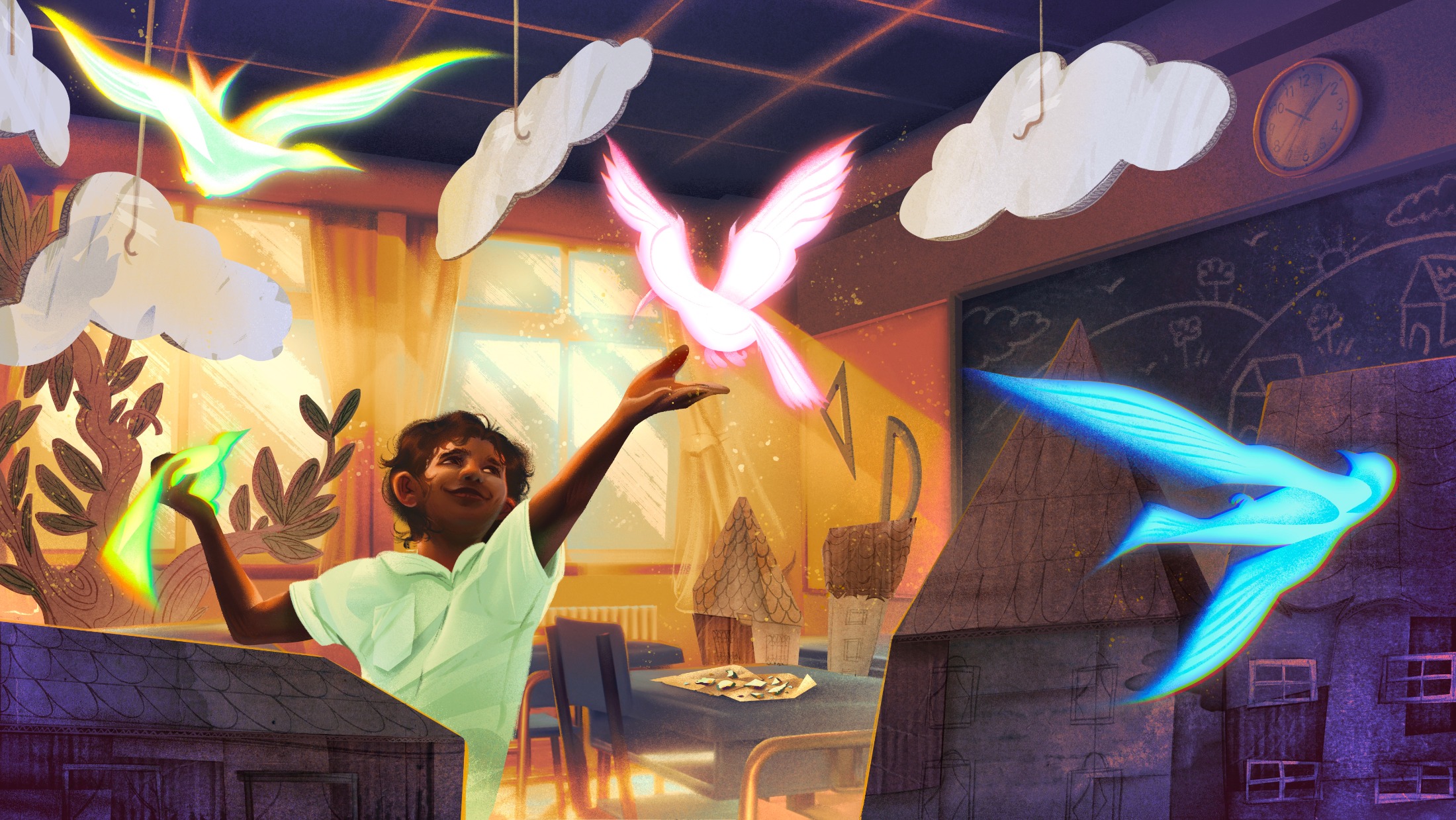 Illustration of a boy in a classroom. He is reaching towards brightly-colored, fantastical birds that are flying around him.