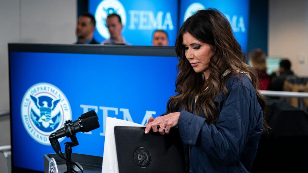 Secretary of Homeland Security Kristi Noem departs following a news conference at FEMA's headquarters on January 24, 2026.