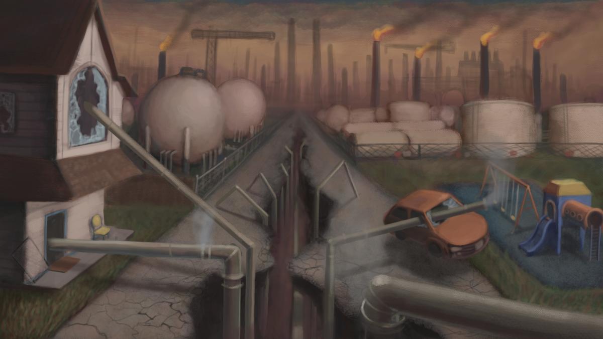 An illustration of a petrochemical plant in dark colors