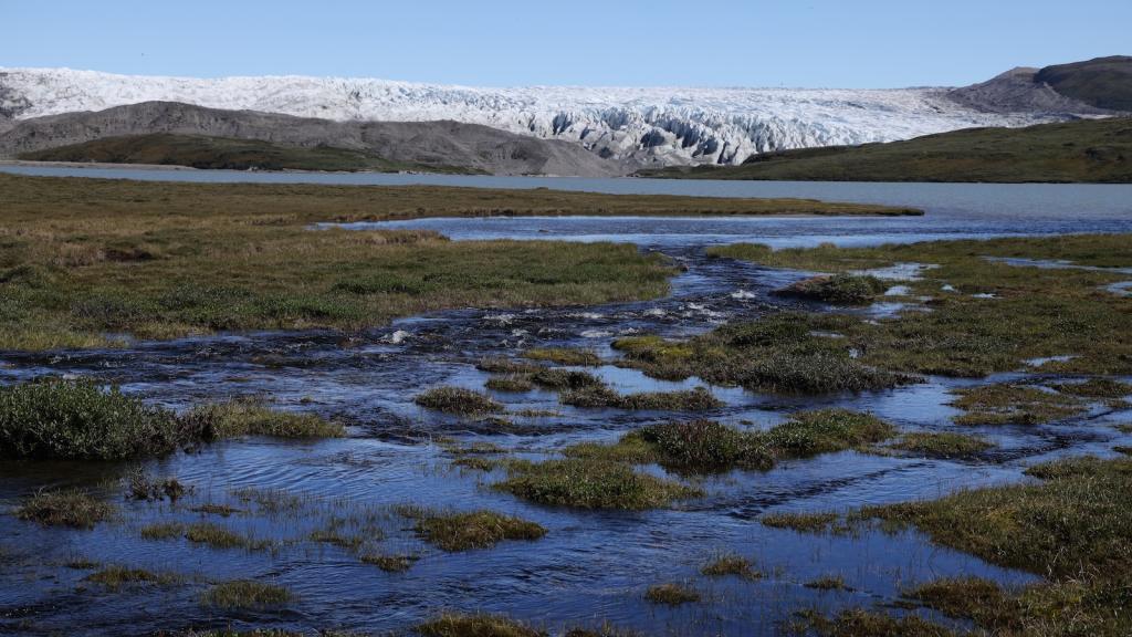 A creek running through a wetland arrives at a lake of meltwater created by the Russell Glacier in the Isunngua Highlands near Kangerlussuaq, Greenland.