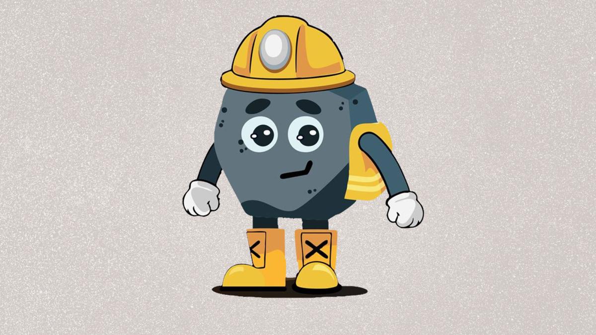 cartoon mascot of a lump of coal wearing a hard hat, safety vest, and boots