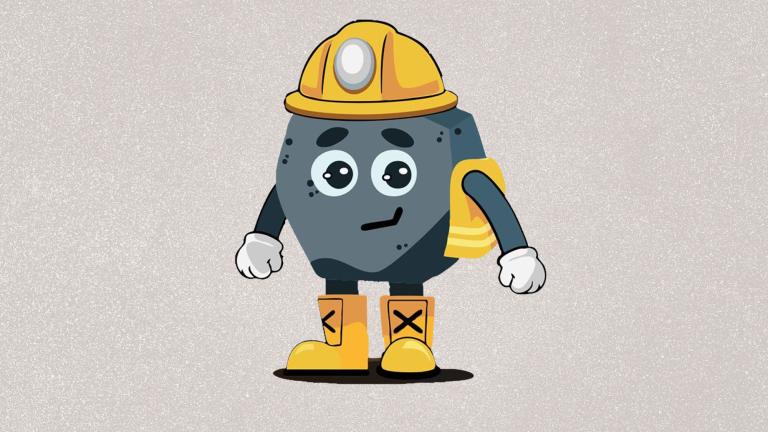 cartoon mascot of a lump of coal wearing a hard hat, safety vest, and boots