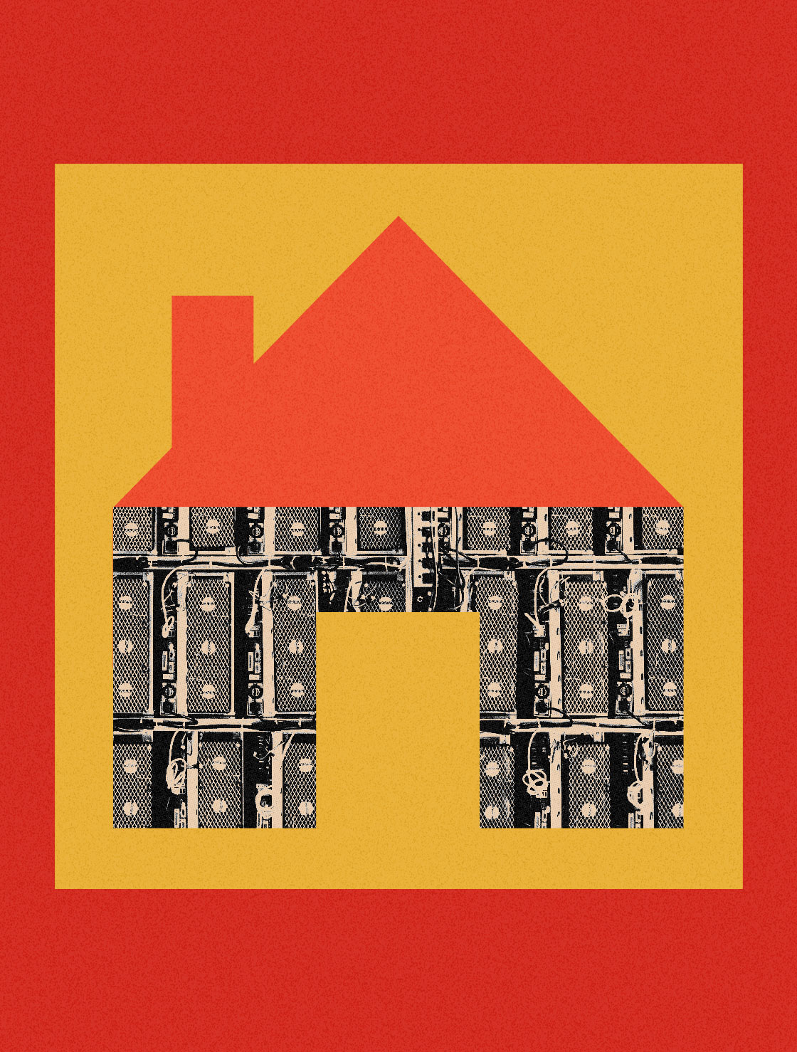 Collage of simple house shape with a photo of a super computer used for its walls