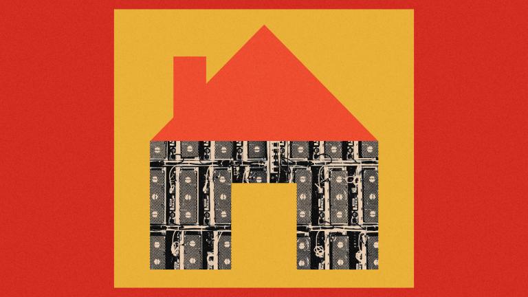 Collage of simple house shape with a photo of a super computer used for its walls