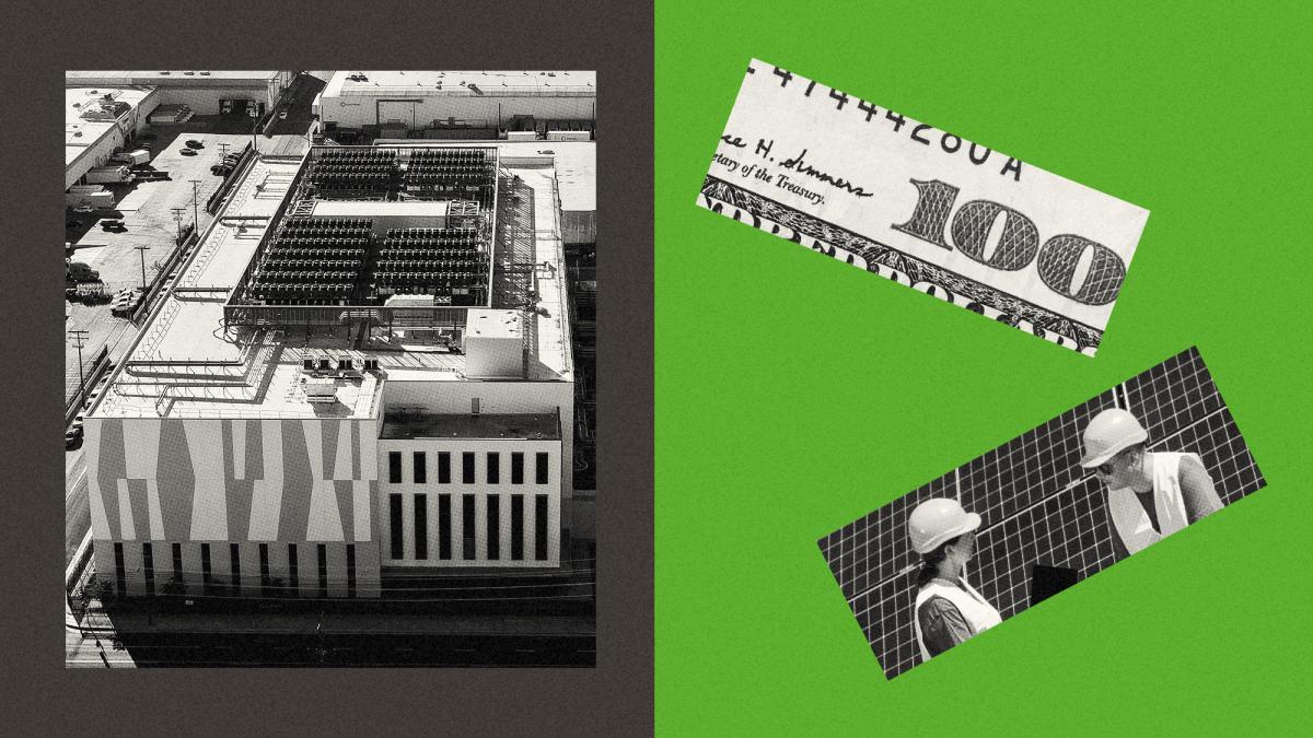Side-by-side images of data center, hundred dollar bill, and people wearing hard hats next to a solar panel