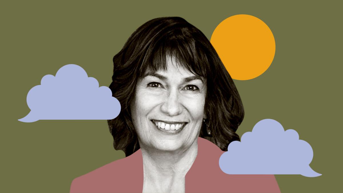 A black and white photo of a smiling woman surrounded by illustrations of clouds and sun