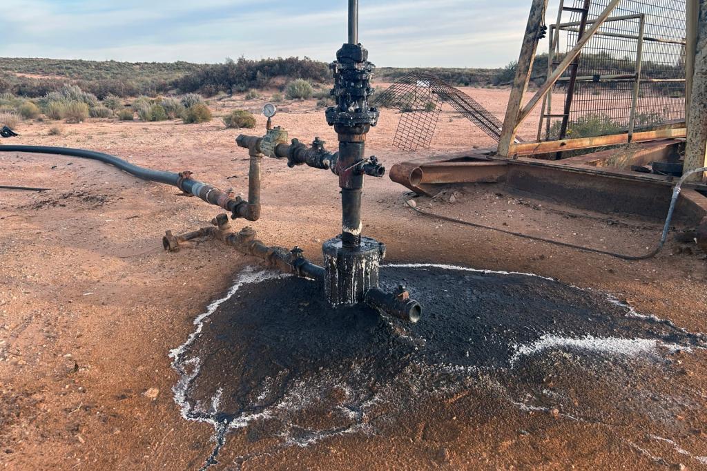 Aerial shot of oil and wastewater leaking from a well in New Mexico’s Permian Basin