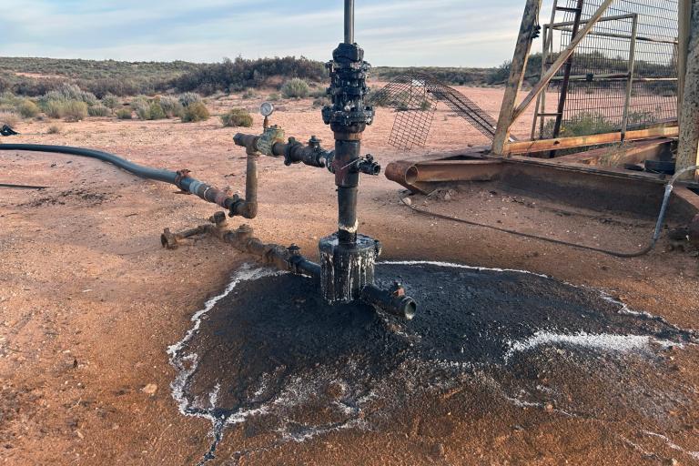 Aerial shot of oil and wastewater leaking from a well in New Mexico’s Permian Basin