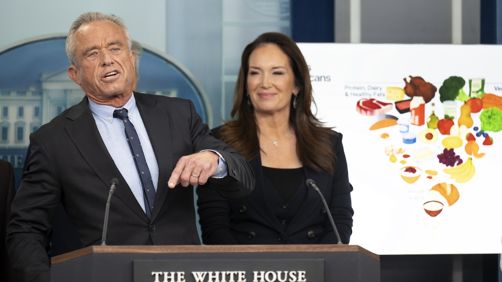 Health secretary Robert F Kennedy, Jr. stands behind a White House branded podium, behind him to the right stands agricultural secretary Brooke Rollins and a large posterboard showing the new inverted food pyramid