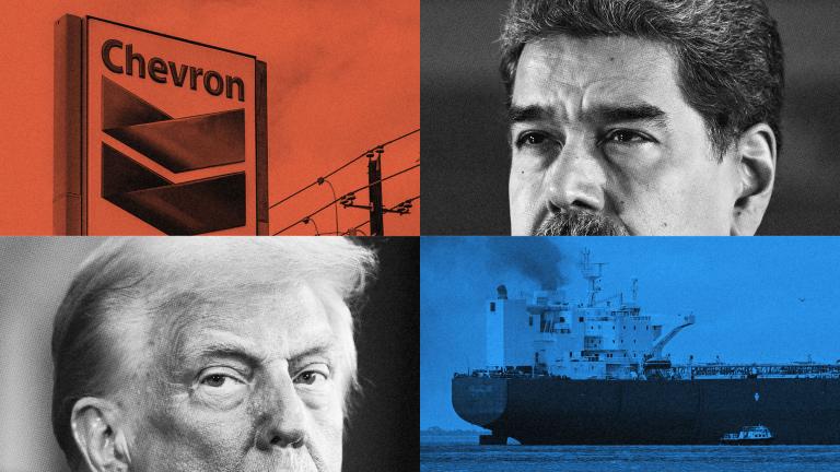 Side-by-side photos of Chevron sign, Maduro, Trump, and oil tanker