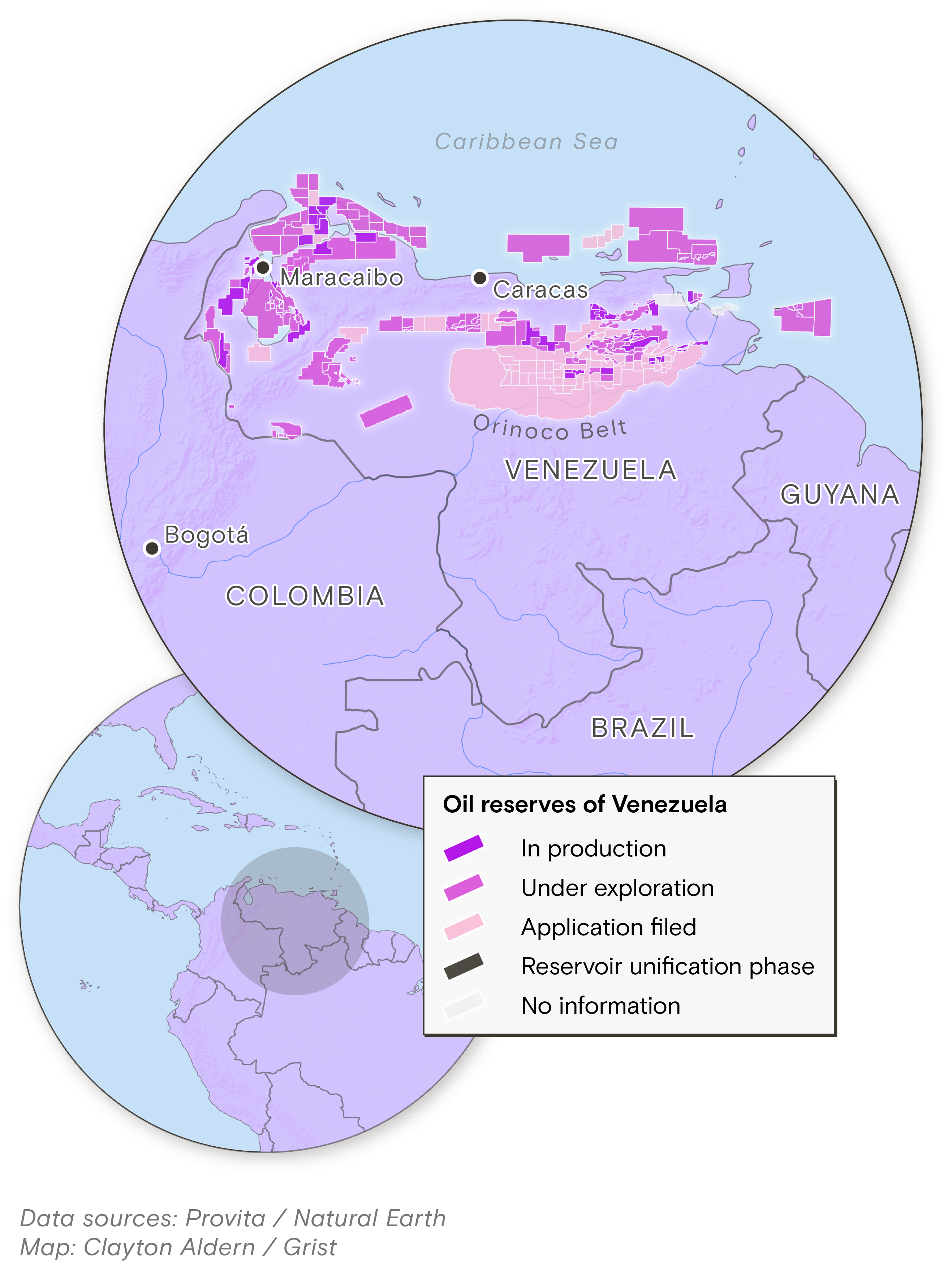 Map of Venezuela showing oil reserve locations, concentrated around Lake Maracaibo in the northwest and in a large band across the north-central region toward Guyana (the Orinoco Belt). Data from Provita/Natural Earth.