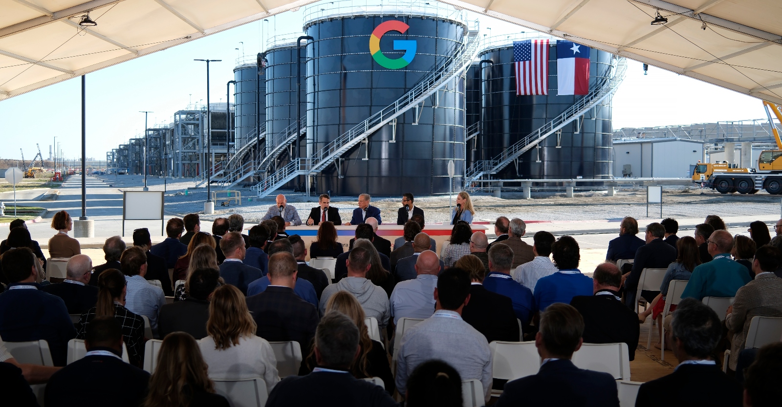 Texas Governor Greg Abbott and Alphabet CEO Sundar Pichai lead a panel at the Google Midlothian Data Center in Midlothian, Texas. Google plans to invest $40 billion in new Texas data centers through 2027.